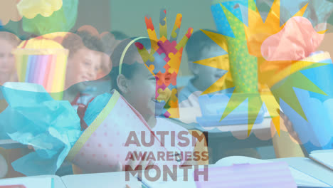 Animation-of-autism-awareness-month-text-and-hand-formed-with-puzzles-over-happy-schoolchildren