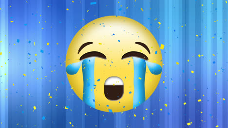 Animation-of-sad-emoji-icon-over-falling-confetti-on-blue-background
