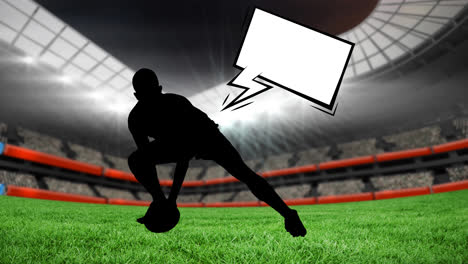 Animation-of-silhouette-of-rugby-player-and-speech-bubble-with-copy-space-over-sports-stadium