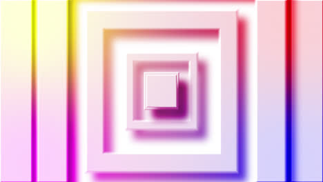 Animation-of-rainbow-coloured-square-layers-pulsating-on-white-background