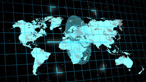 Sicherheits-Vorhängeschloss-Symbol-Und-Biometrischer-Fingerabdruck-Scanner-über-Dem-Gitternetz-Gegen-Die-Weltkarte