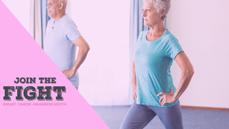 Animation-of-breast-cancer-text-over-exercising-seniors-indoors