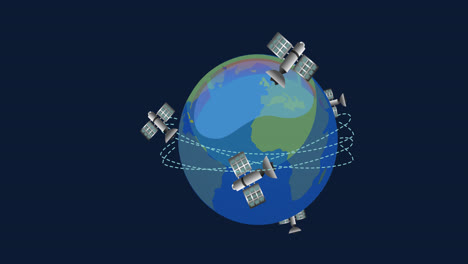 Animation-of-globe-with-satellites-on-blue-background