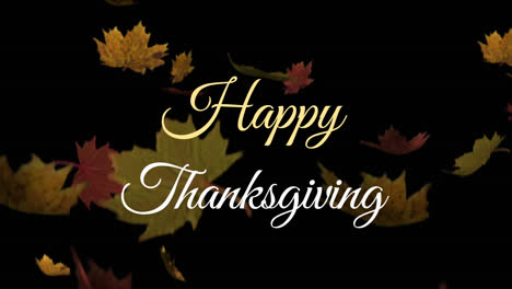 Happy-Thanksgiving-Text-über-Mehrere-Ahornblätter-Fallen-Vor-Schwarzem-Hintergrund