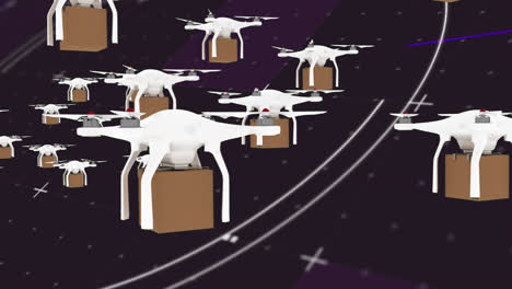 Animation-of-drones-carrying-boxes-over-scope-scanning-in-background