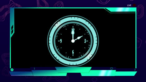 Animation-of-clock-with-rotating-hands-on-live-video-feed-interface-with-black-background