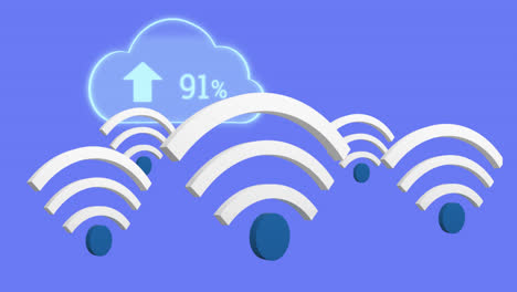 Animation-of-wifi-icons-and-digital-clouds-with-arrow-and-percent-growing-on-purple-background