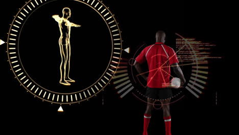 Animation-Des-Sich-Drehenden-Menschlichen-Körpers,-Datenverarbeitung-Und-Zielfernrohr-Scanning-über-Einem-Rugbyspieler
