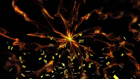 Animation-of-gold-confetti-falling,-with-glowing-orange-energy-network,-on-black-background