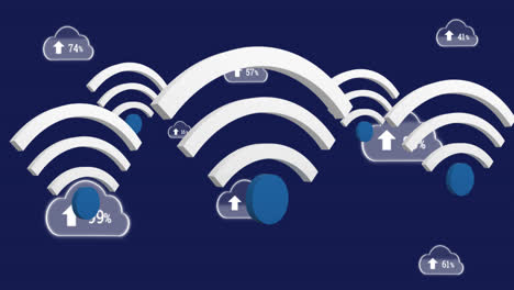 Animation-of-wifi-icons-and-digital-clouds-with-percent-growing-on-dark-blue-background