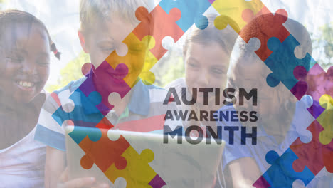 Animation-of-autism-awareness-text-and-colorful-puzzle-pieces-over-happy-playing-children