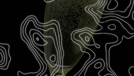 Animation-of-white-contour-lines-moving-over-champagne-glass-on-black-background