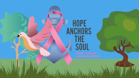 Animation-of-pink-ribbon-anchor-logo-and-breast-cancer-text-over-trees-and-bird