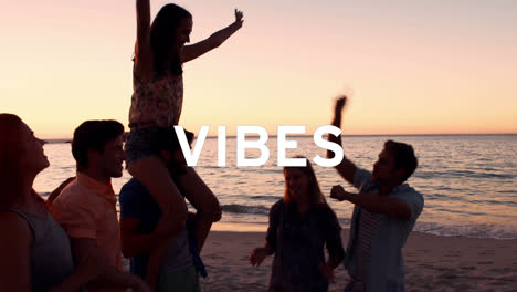 Animation-of-vibes-text-in-white-letters-over-happy-people-on-the-beach