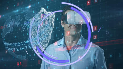 Animation-of-network-of-connections,-security-icons-over-man-wearing-vr-headset