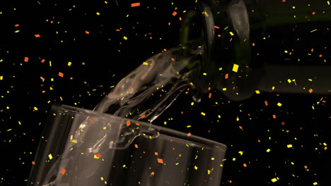 Animation-Von-Konfetti,-Die-über-Champagner-Fallen-Und-In-Glas-Auf-Schwarzem-Hintergrund-Strömen