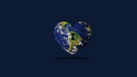 Animation-of-heart-with-keyhole-formed-with-world-map-on-blue-background