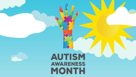 Animation-of-autism-awareness-month-text-and-hand-formed-with-puzzles-on-clouds-and-sun-on-blue-sky