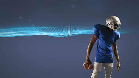Animation-of-american-football-player-in-helmet-holding-ball-over-glowing-blue-mesh