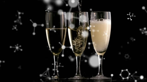 Animation-of-networks-floating-over-champagne-pouring-into-three-glasses-on-black-background