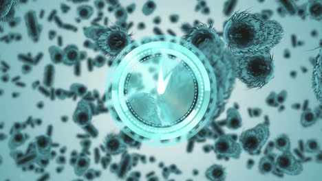Animation-of-clock-and-scope-scanning-over-covid-19-and-blood-cells