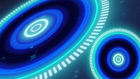 Animation-Von-Leuchtend-Blauen-Zielfernrohren-Beim-Scannen-Mit-Störungen-Und-Fliegenden-Partikeln-Auf-Blauem-Hintergrund