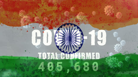 Zusammensetzung-Der-Covid-19-Zellen-Und-Gesamtzahl-Der-Pandemiefälle-Mit-Zahlen,-Die-Sich-über-Der-Indischen-Flagge-ändern