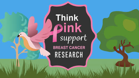 Animation-of-pink-ribbon-logo-and-breast-cancer-text-over-trees-and-bird