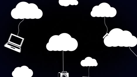 Animation-Von-Weißen-Wolken-Mit-Hängenden-Mediensymbolen-Auf-Schwarzem-Hintergrund