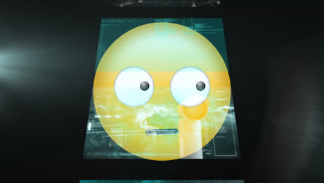 Digital-animation-of-confused-face-emoji-against-screens-with-data-processing-on-black-background