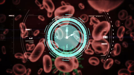 Animation-of-clock-and-scope-scanning-covid-cell-with-data-processing-over-blood-cells