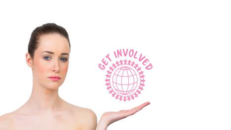 Animation-of-pink-globe-logo-over-young-woman