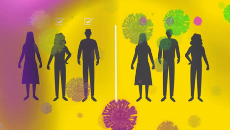 Mehrere-Covid-19-Zellen-über-Menschen,-Die-Vor-Gelbem-Hintergrund-Soziale-Distanz-Wahren