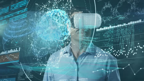 Animation-of-data-processing-and-globe-man-wearing-vr-headset-and-human-brain-spinning