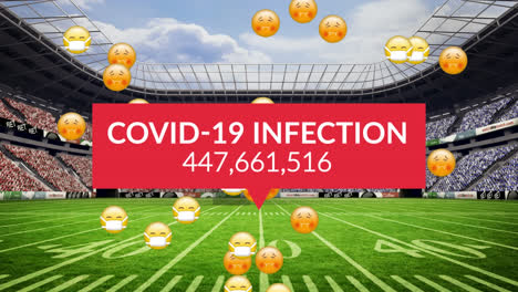 Animation-of-covid19-infection-counter-and-sick-emojis-over-rugby-stadium