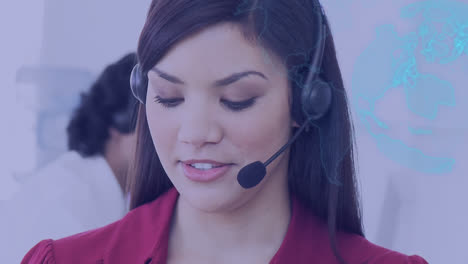 Animation-of-world-map-over-businesswoman-phone-headset