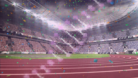 Animation-of-rotating-dna-strand-and-confetti-over-sports-stadium