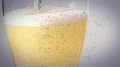 Animation-of-network-of-connections-over-champagne-glass-on-white-background