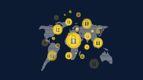 Animation-of-yellow-padlock-icons-over-world-map-on-blue-background