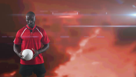 Animation-of-rugby-player-playing-with-ball-over-glowing-red-background