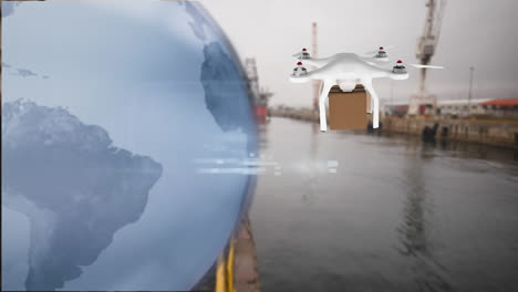 Animation-Des-Verbindungsnetzes-über-Drohne-Mit-Paket-über-Werft