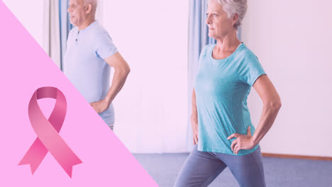 Animation-of-pink-ribbon-logo-over-woman-diverse-seniors-exercising
