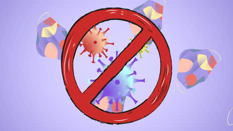 Animation-of-no-entry-sign-over-covid-19-cells-and-face-masks-on-purple-background