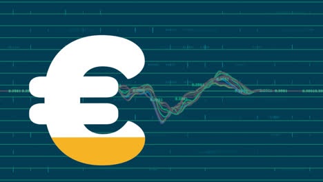Animation-of-euro-sign-filling-up-with-yellow-and-financial-data-processing