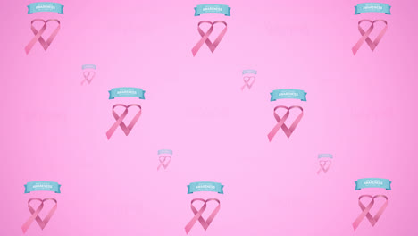 Animation-Mehrerer-Rosafarbener-Schleifenlogos-Und-Leuchtender-Brustkrebstexte-Auf-Rosa-Hintergrund