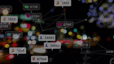 Animation-of-network-of-connections-with-social-media-icons-over-night-cityscape-with-bokeh