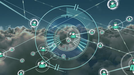 Netzwerk-Von-Profilsymbolen-über-Rundem-Scanner-Vor-Dunklen-Wolken-Vor-Blauem-Hintergrund
