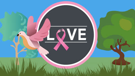 Animation-of-pink-ribbon-logo-and-love-text-over-trees-and-bird