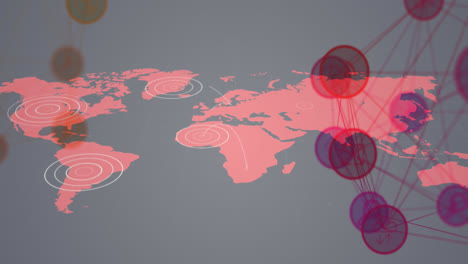 Globus-Aus-Digitalen-Symbolen,-Die-Sich-Vor-Pulsierenden-Kreisen-Auf-Der-Weltkarte-Vor-Grauem-Hintergrund-Drehen
