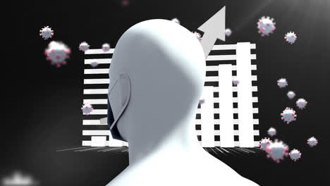 Animation-Eines-Menschlichen-Kopfes,-Der-Sich-über-Covid-19-Zellen-Dreht,-Und-Statistiken-Mit-Datenverarbeitung